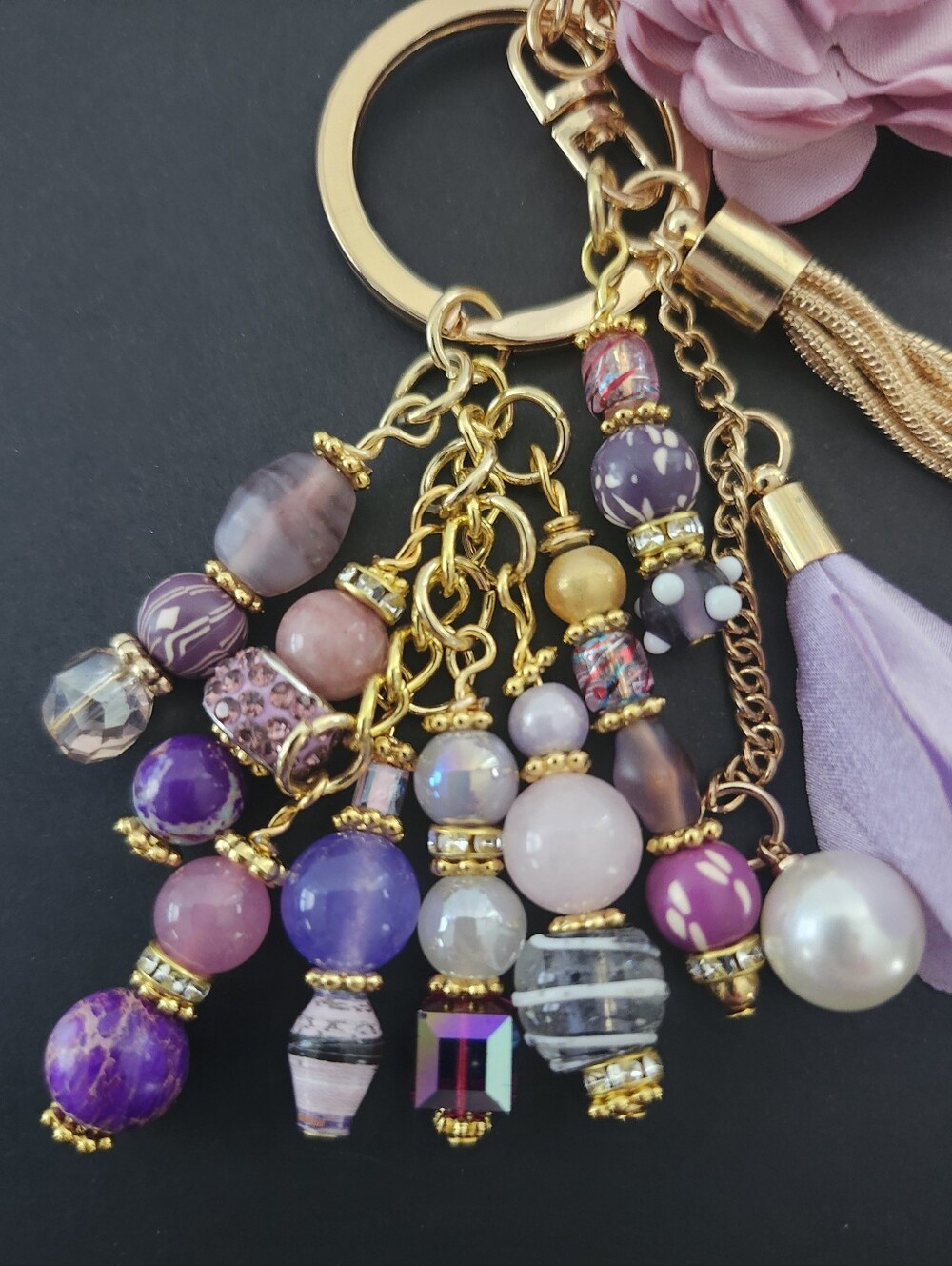 Floral Purse Charm or Keychain Quartz Stone Glass Paper Handcrafted - Picture 3 of 5